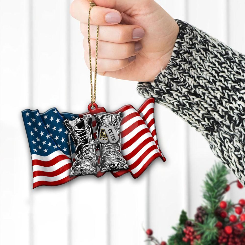 Personalized Ornament With Name & Militiary Branch Flag Combat Boots Xmas Gift For Military Family Member