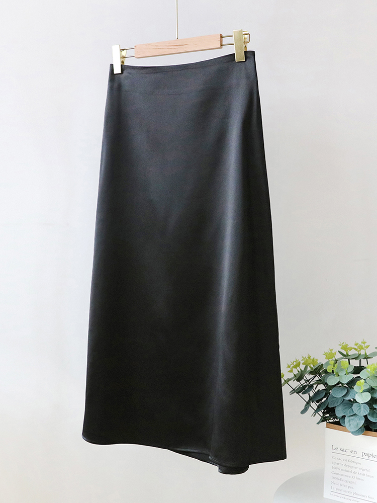 Women’s Summer Skirt Green A-line Silk Satin Skirt Midi High-waisted Solid Vintage Elegant Black Long Skirts for Women 2022 alx