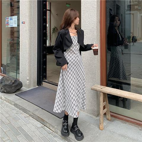 Women Sets Single Button Cropped Plaid Elegant Mid-calf Dress Feminino Korean Style Vintage 2 Pcs Autumn Street Wear Daily New alx