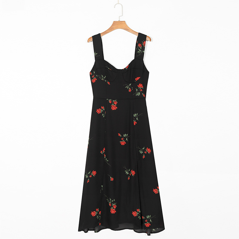 Woman Summer Dress 2020 Sleeveless Vintage Rose Floral Print Elegant Midi Dress Side High Slit Sexy Dresses For Women Clothes alx