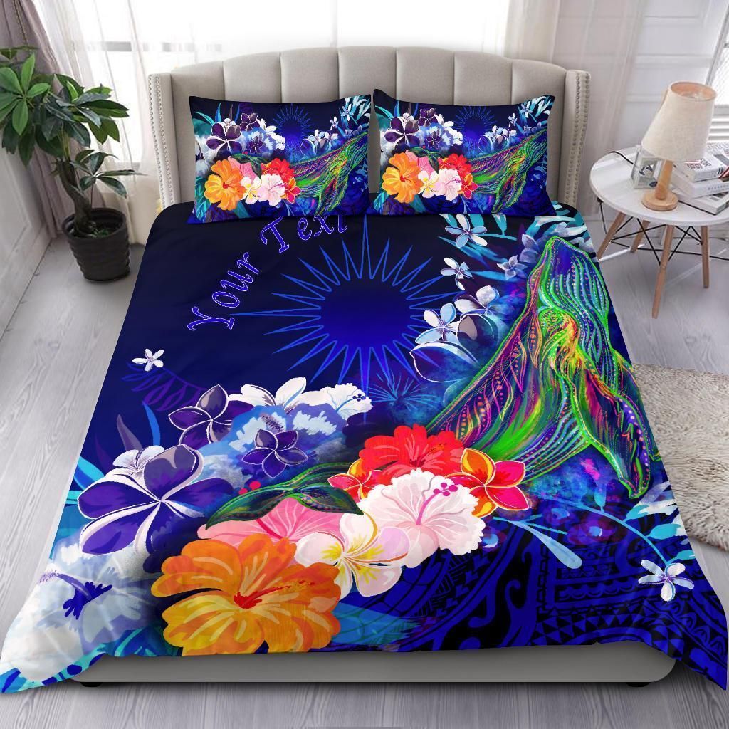 Alohawaii Bedding Set – Cover And Pillow Cases Marshall Islands Custom Personalised – Humpback Whale With Tropical Flowers (Blue)- Bn18