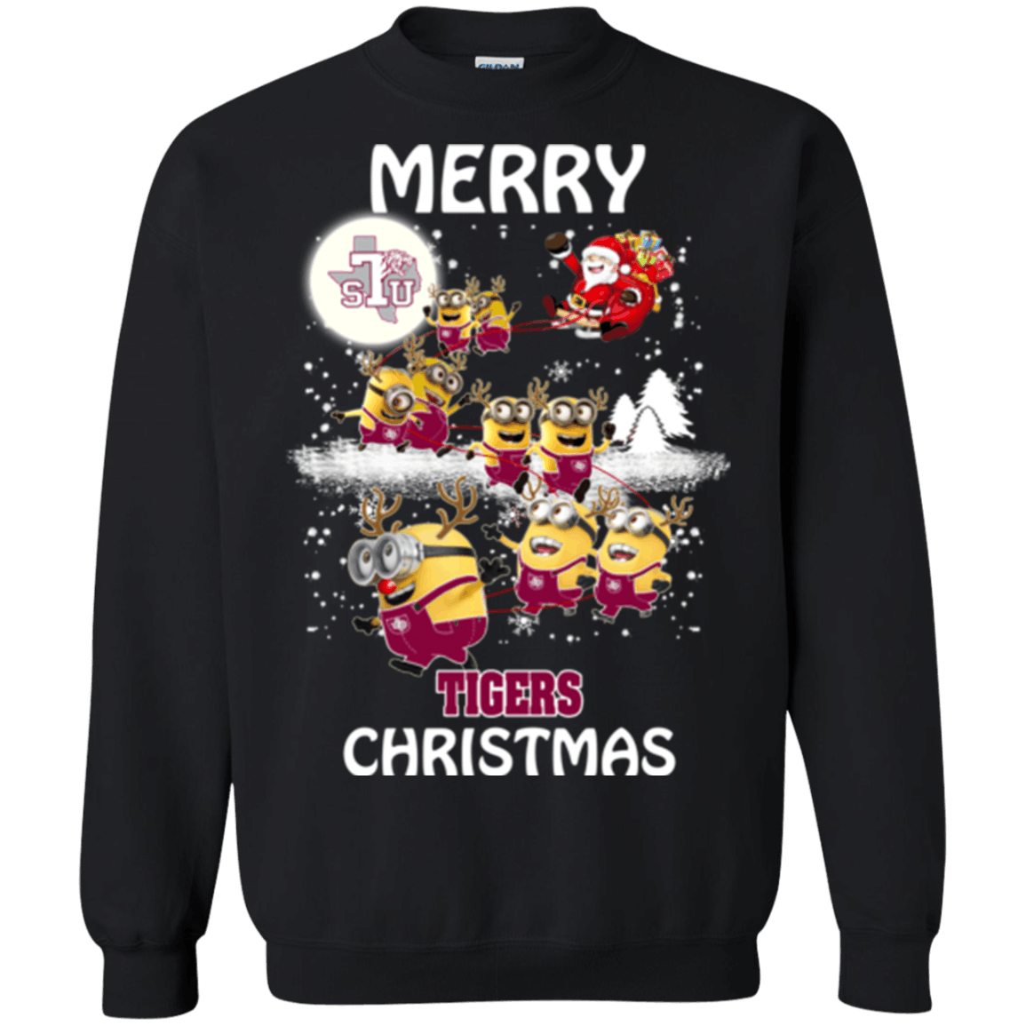 Spectacular Texas Southern Tigers Minion Ugly Christmas Sweaters Santa Claus With Sleigh Sweatshirts