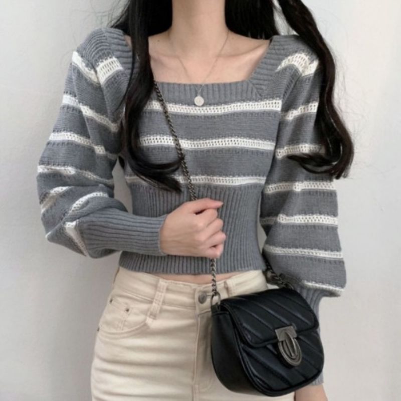 Vintage Cropped Sweaters Women Slim Chic Square Collar Basic Lady Knitwear Korean Fashion Autumn Cozy Long Sleeve Clothing Sales alx