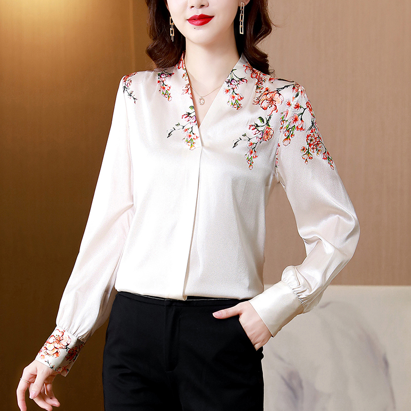 Women Shirts Long Sleeve Elegant Floral Printed Office Silk Satin Blouse Women Vintage Clothes Womens 2022 Fashion Tops Blouses alx