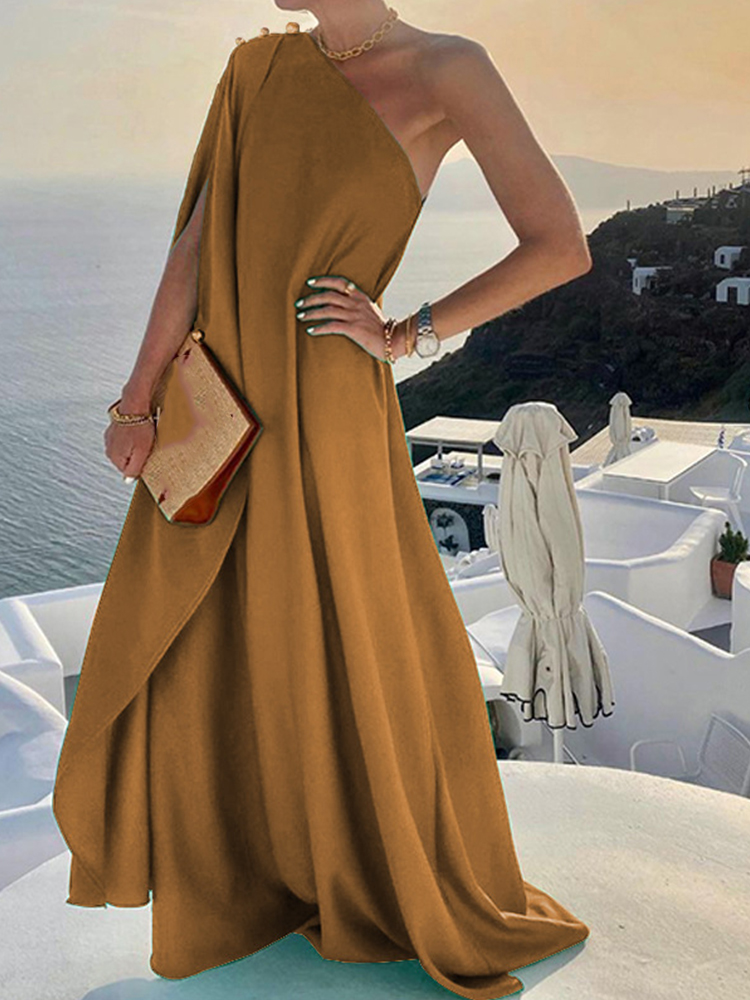 Women Sexy Off Shoulder Boho Long Dress Elegant One Shoulder Loose Party Dress 2022 Summer Fashion Button Solid Beach Maxi Dress alx