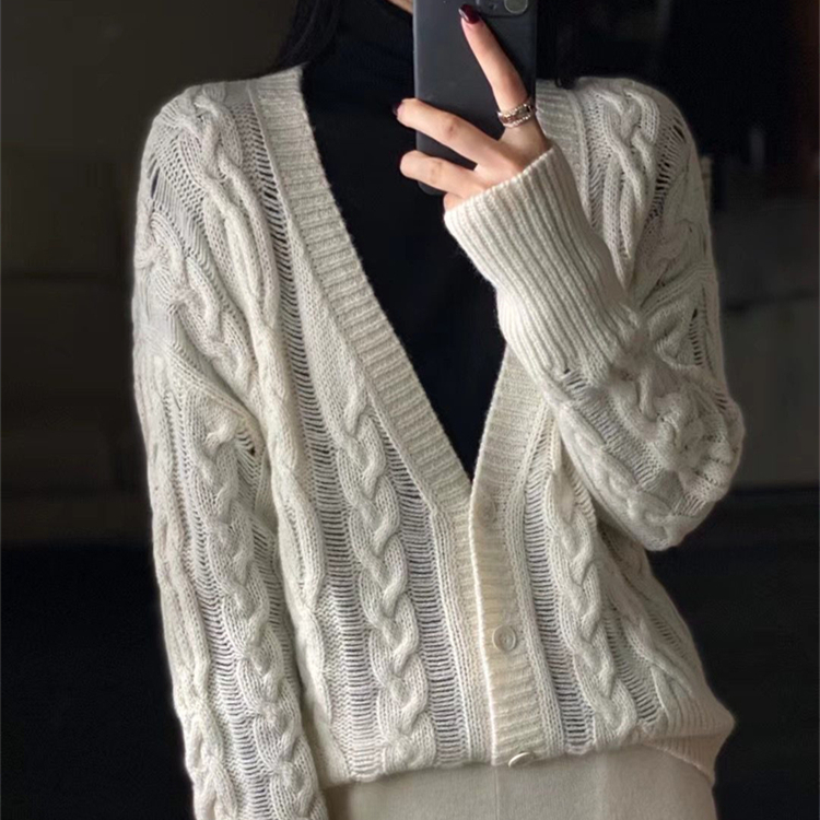 Autumn And Winter 2022 New Korean Dongdaemun Hollow Fried Dough Twist 100% Cashmere Jacket Women’s Vintage Cardigan alx