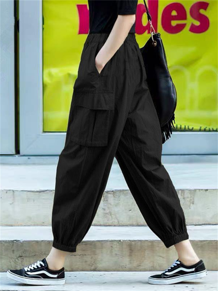 streetwear summer high waist elastic casual Women’s harem Capris pants for women baggy cargo pants woman trousers black green alx