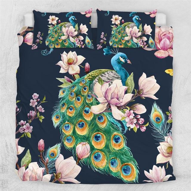 Peacock Bird with Blooming Sakura Flower 3 Pieces Quilted Comforter Set