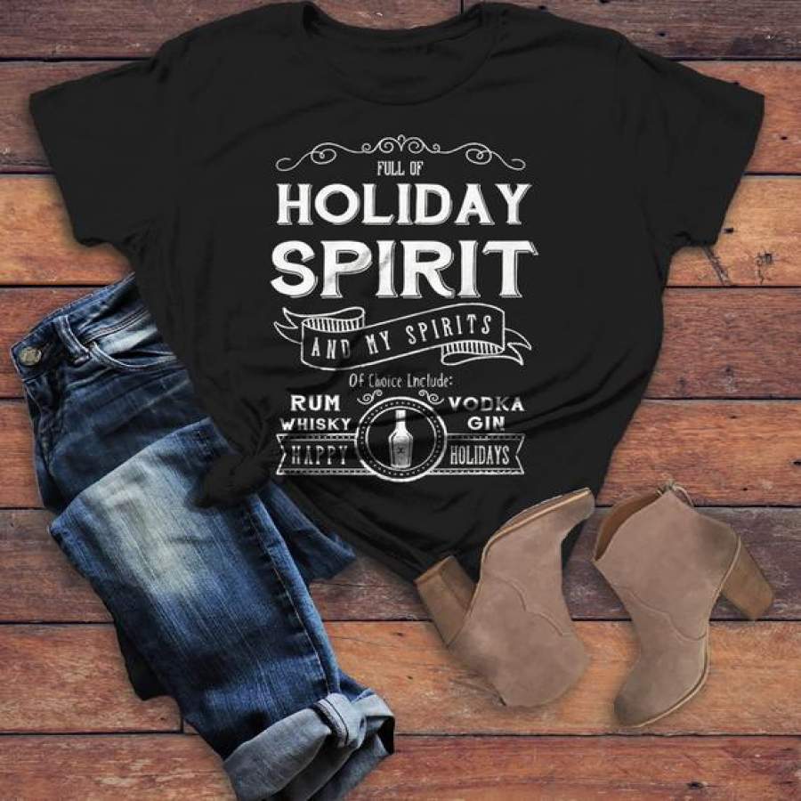 Women’s Funny Holiday Spirit T Shirt Drinking Vodka Hilarious Christmas Shirt Gin Rum Vintage Tee