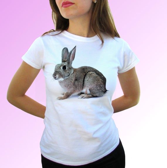 Rabbit Grey White T Shirt Top Tee Design Art Mens Womens Kids Baby Sizes