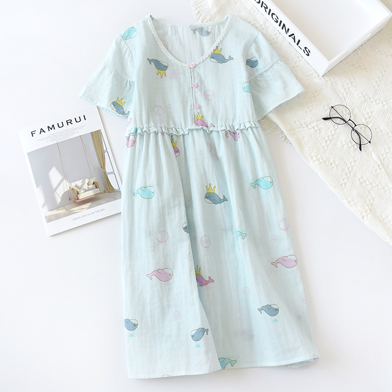 Summer New Gauze Nightgown Little Whale Sexy Sleepwear Cartoon Sleeping Dress 100% Cotton Lovely Girl Comfortable Home Skirt alx