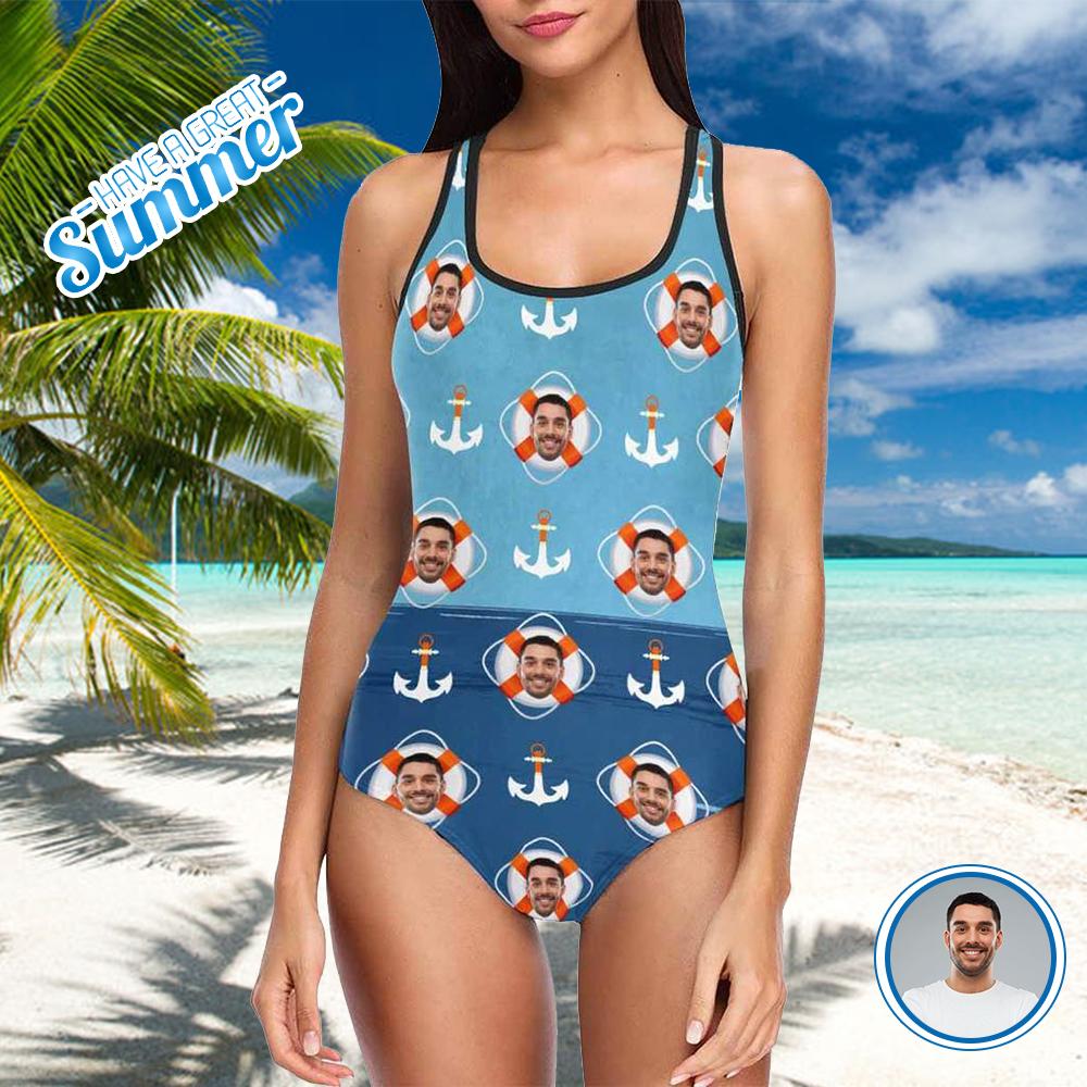 Custom Face Blue Anchor Women’S Tank Top Bathing Swimsuit, Personalized One Piece Swimsuit