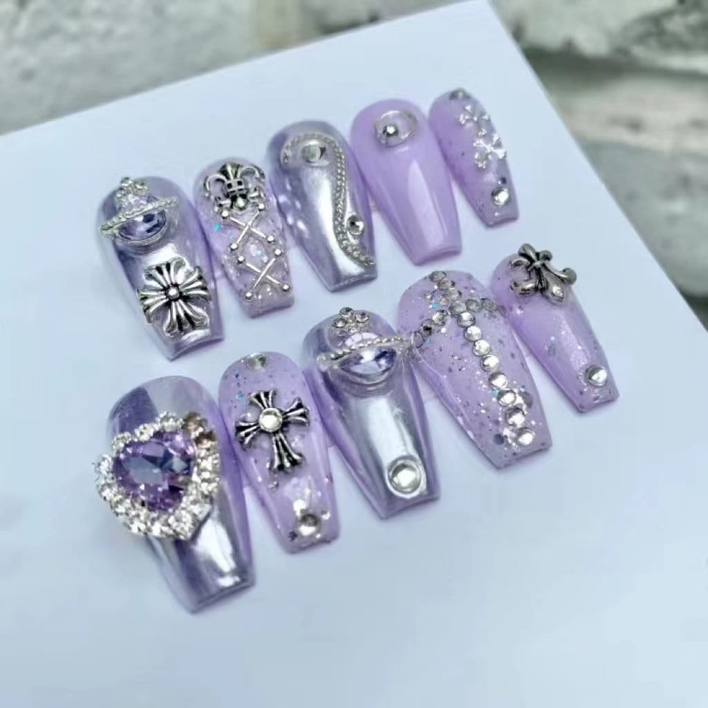 Purple Sliver Mirror Chorme Heart Press On Nails/Purple Chorme Heart Nails/ Goth Princess Nails/Cross nails Long Nails Coffin Nails #225