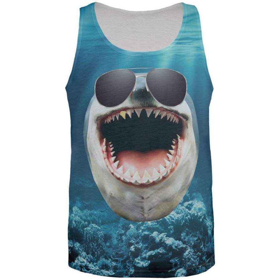 Big Goofy Shark Head All Over Adult Tank Top