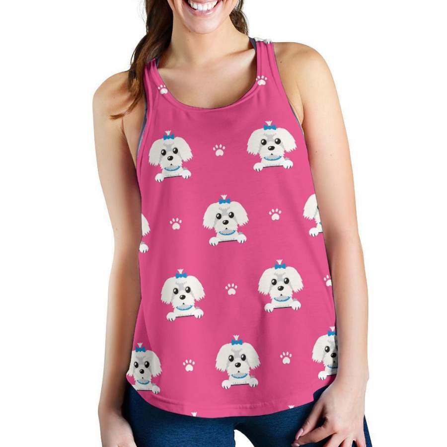 Dog Maltese Puppy Pattern Print Racerback Tank Tops