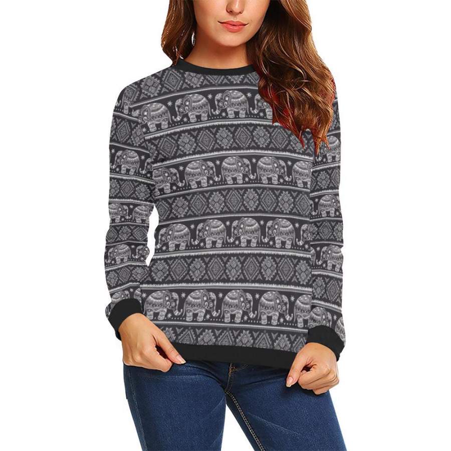 Black Aztec Elephant Pattern Print Women Crewneck Sweatshirt