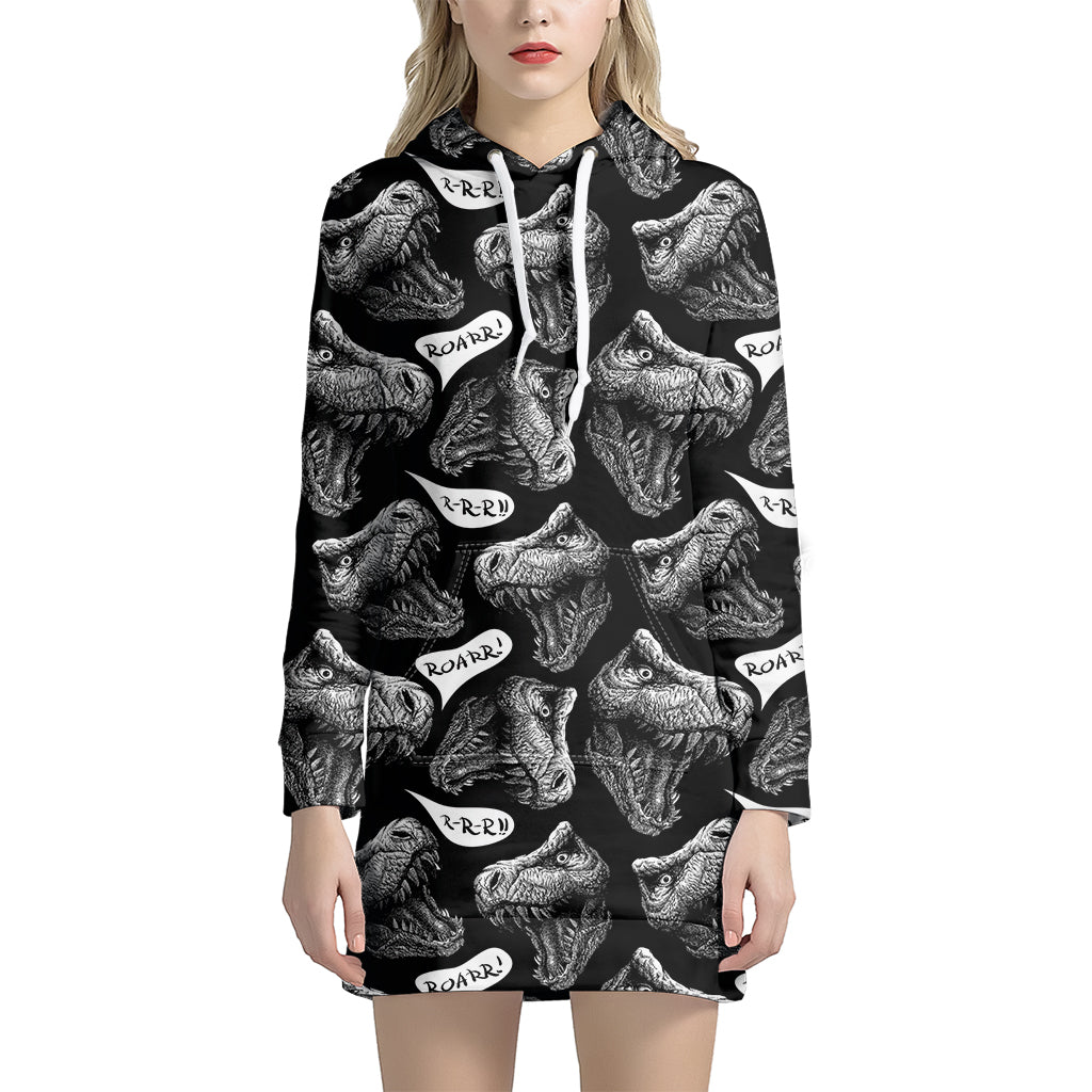 Black And White T-Rex Dinosaur Print Women’S Pullover Hoodie Dress