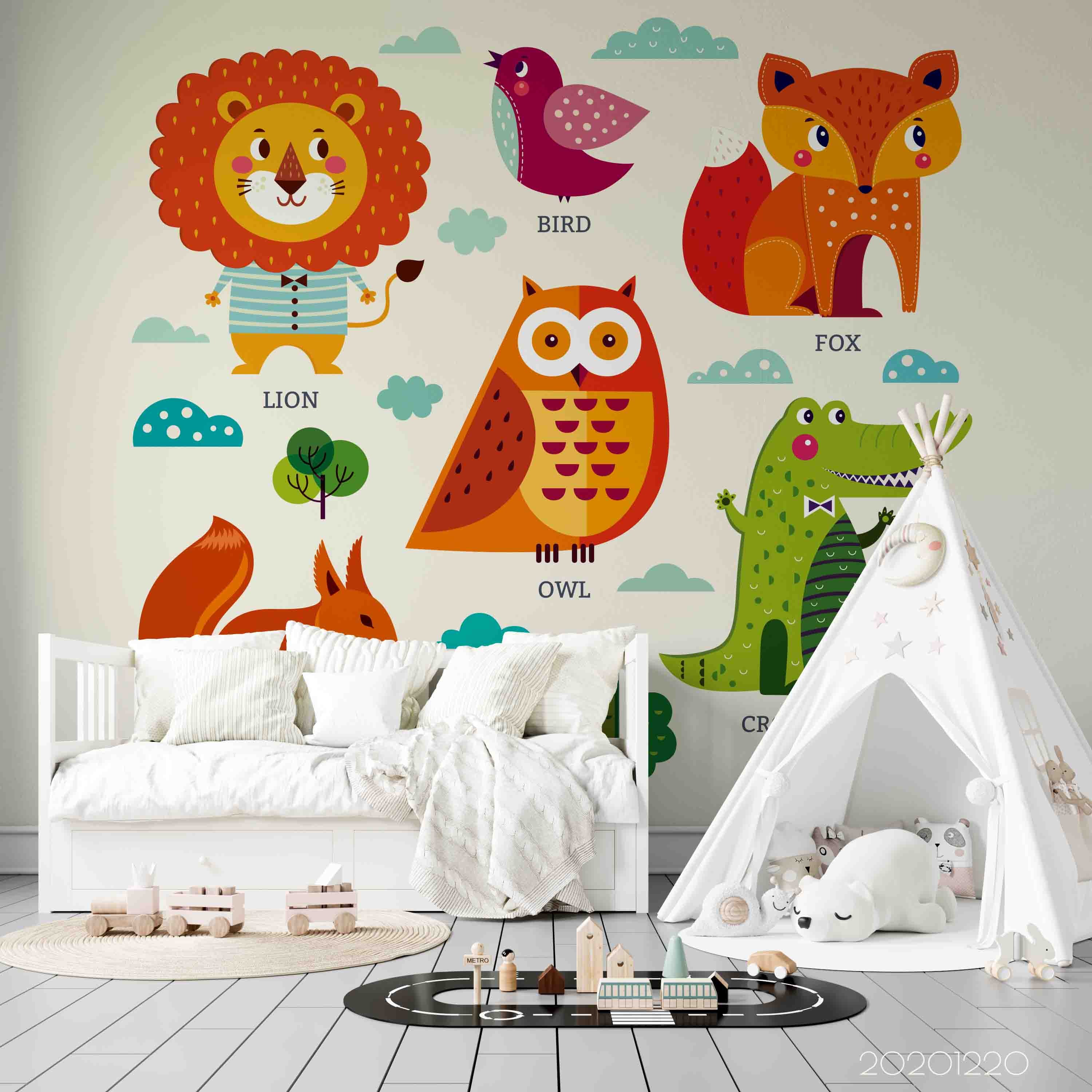 3D Hand Drawn Animal Lion Fox Bird Wall Mural Wallpaper Lqh 137