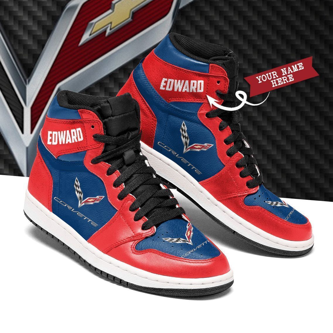 Chevrolet Corvette NTA Custom JD High top Shoes Red & Blue Sneakers Jordan Sneakers Sport Air Jordan High Sneakers Sport Sneakers