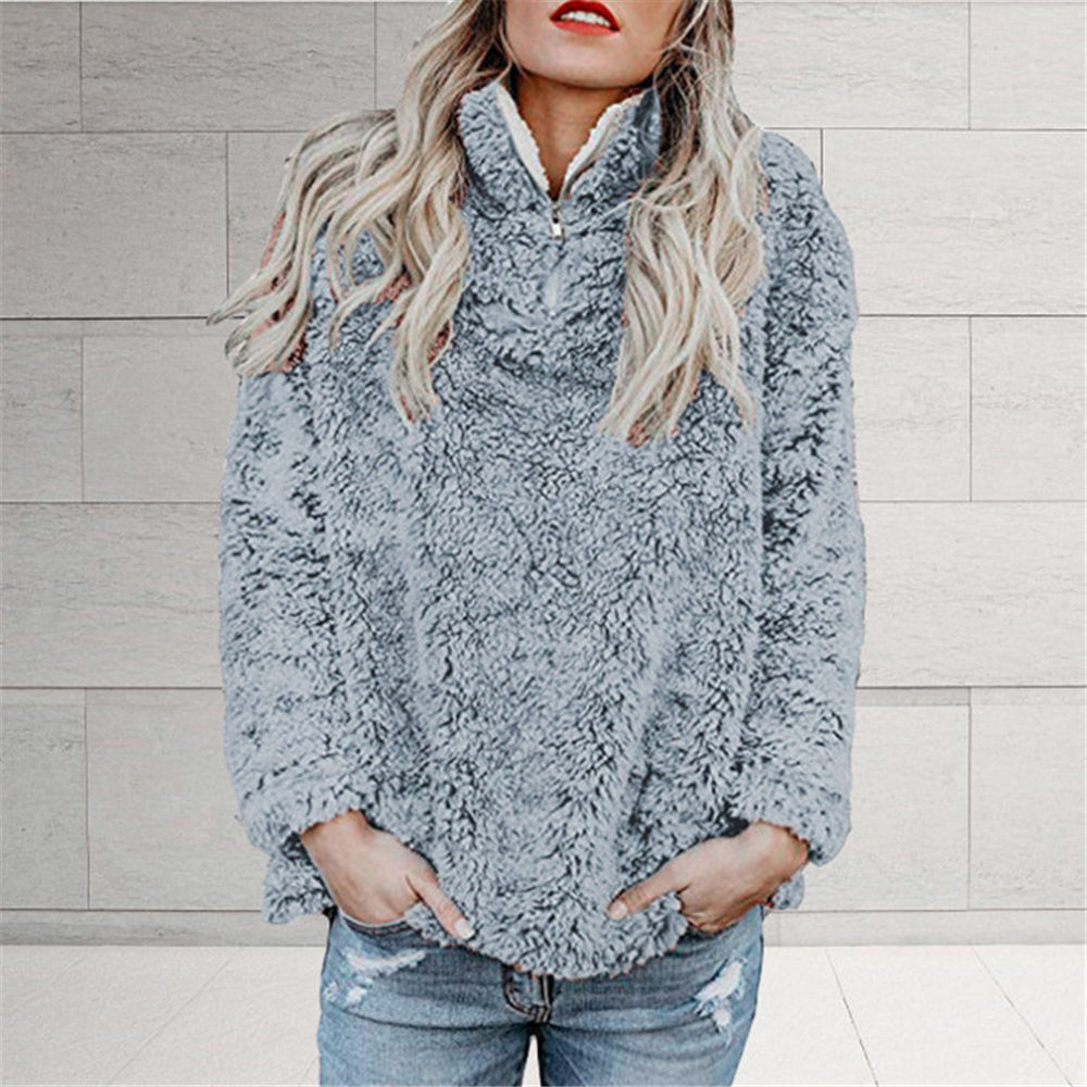 Women Turtleneck Fleece Sweater Winter Faux Fur Teddy Pullover Zipper Fluffy Top Popular Warm Streetwear Sherpa Sweaters alx