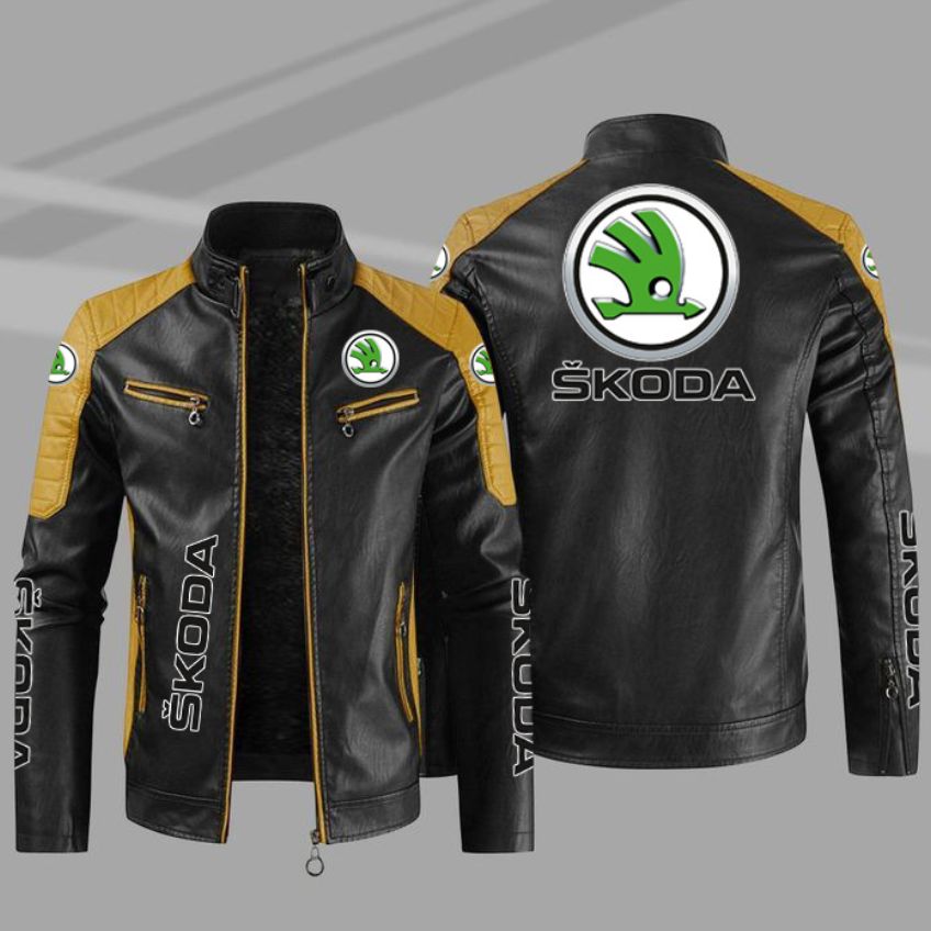 2022 Fashion New Mens Vintage SKODA car logo Jacket Biker Leather Jacket Male Embroidery Bomber Coat Pu Overcoat alx