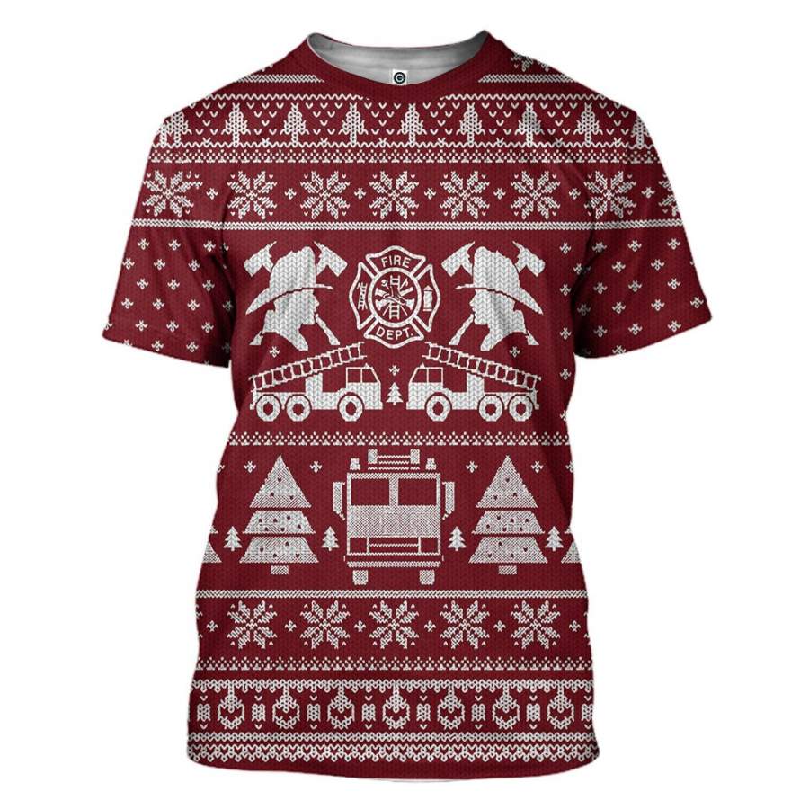 3D FIRE DEPT Firefighter Ugly Christmas Sweater Red Custom Tshirt Apparel