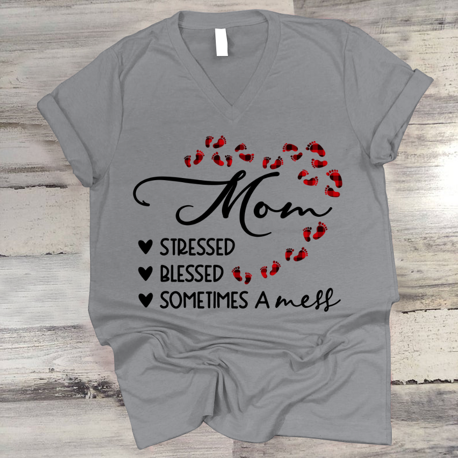 Mom Grandma Stressed Blessed And Sometimes A Mess V-Neck