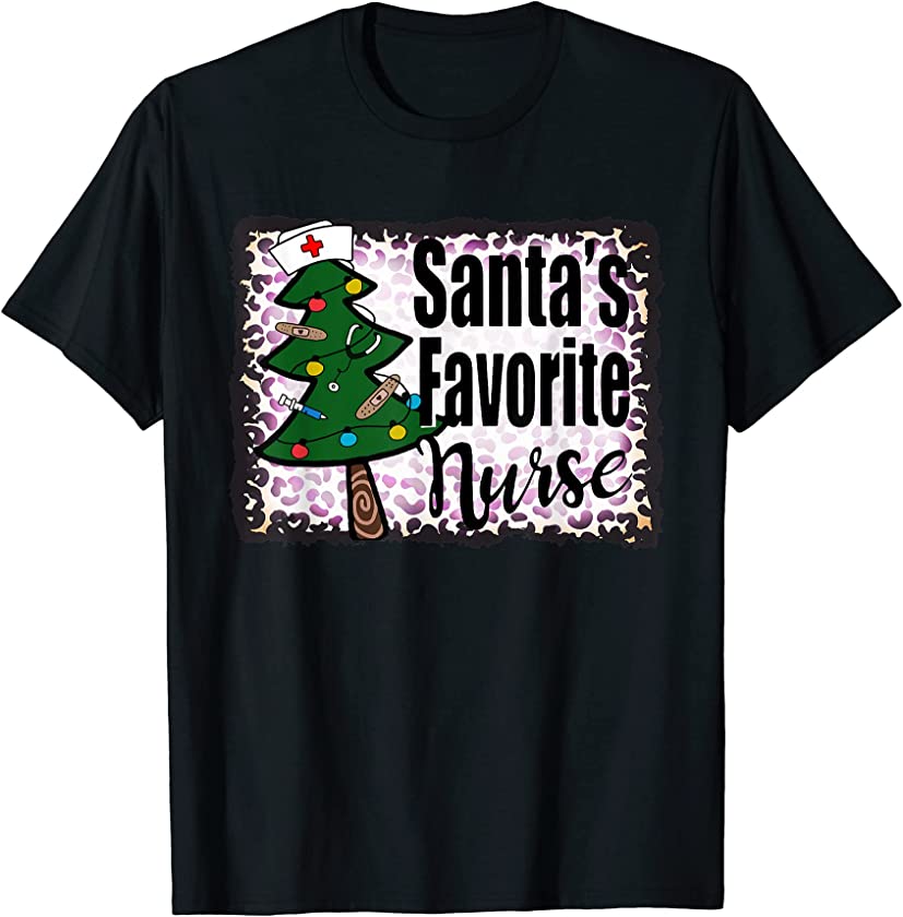 Santa’s Favorite Nurse Tree Christmas Nursing Leopard T-Shirt