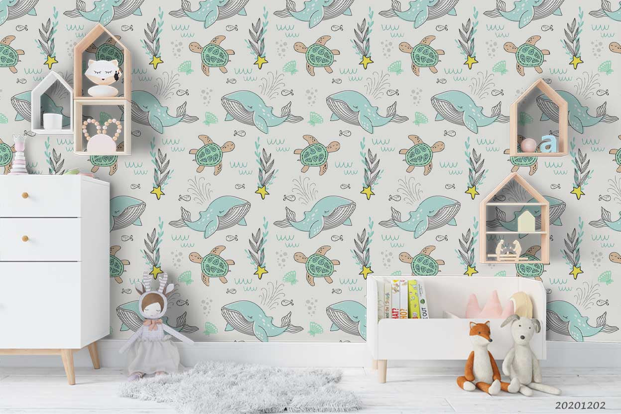 3D Cartoon Sea Turtle Ocean Whale Seaweed Pattern Background Wall Mural Wallpaper Lxl