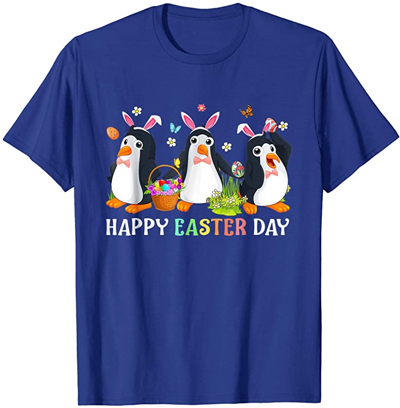 Three Penguin Easter Day Bunny Ear Costume With Basket Eggs T-Shirt