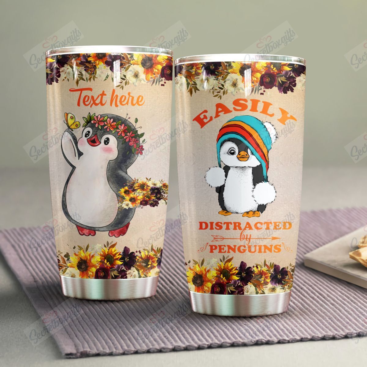 Personalized Penguin Easily Distracted By Penguins Nc0711753Cl Stainless Steel Tumbler Travel Customize Name, Text, Number, Image