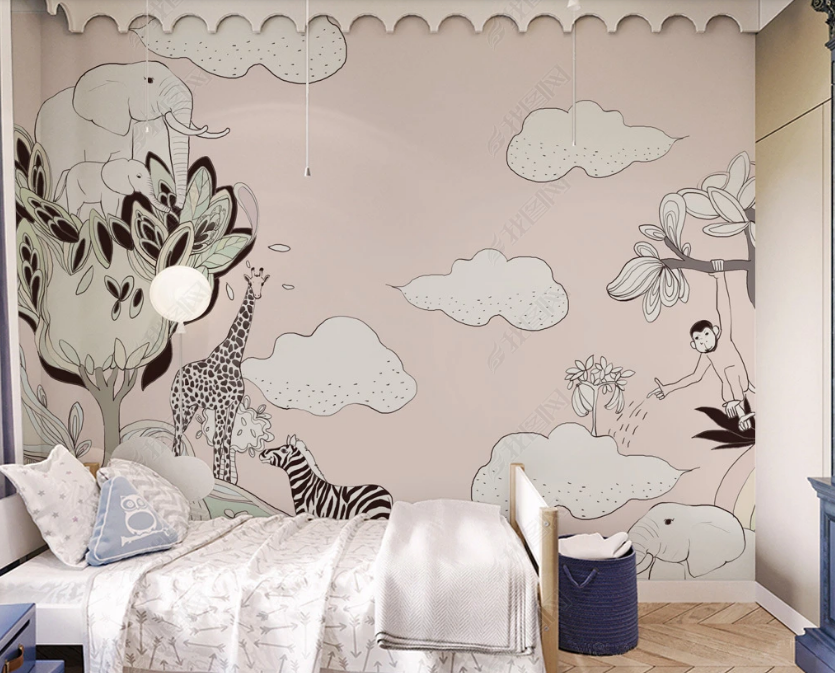 3D Hand Drawn Cloud Animal Elephant Giraffe Monkey Wall Mural Wallpaper Lqh 144