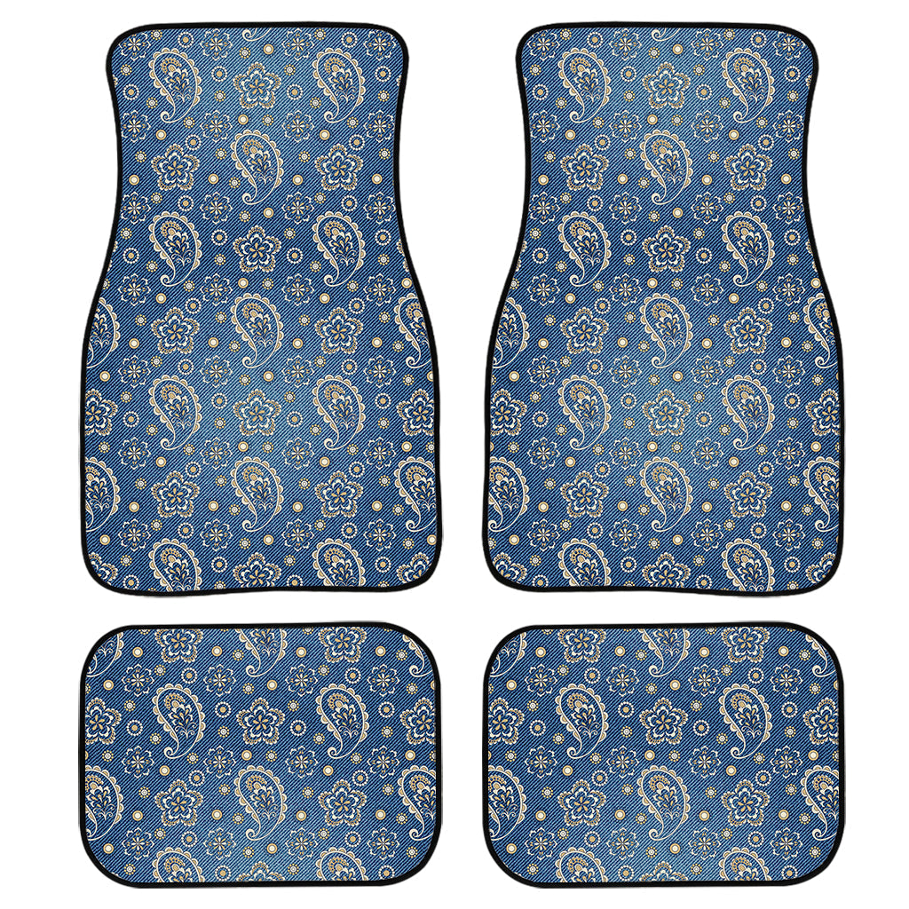 Blue Denim Western Paisley Print Front And Back Car Floor Mats, Front Car Mat