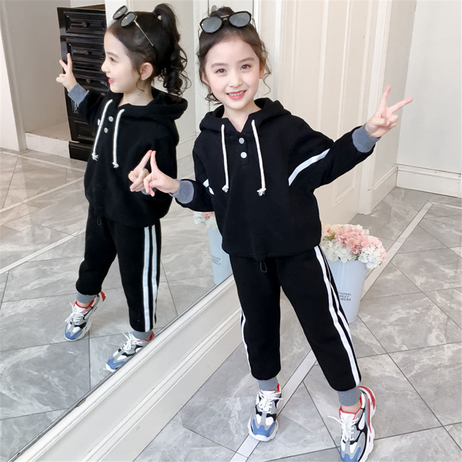 teenager winter kids baby Girls Tracksuit striped Plus velvet thick hoodied tops + sport pants Child 4 5 6 7 8 9 10 11 12 years alx