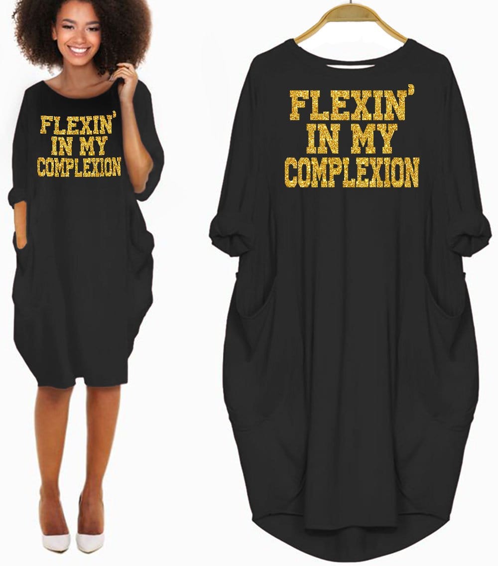 African American Dresses Women Flexing In My Complexion Shirt Melanin Long Sleeve Pocket Dress for Her Afrocentric Clothing Fashion