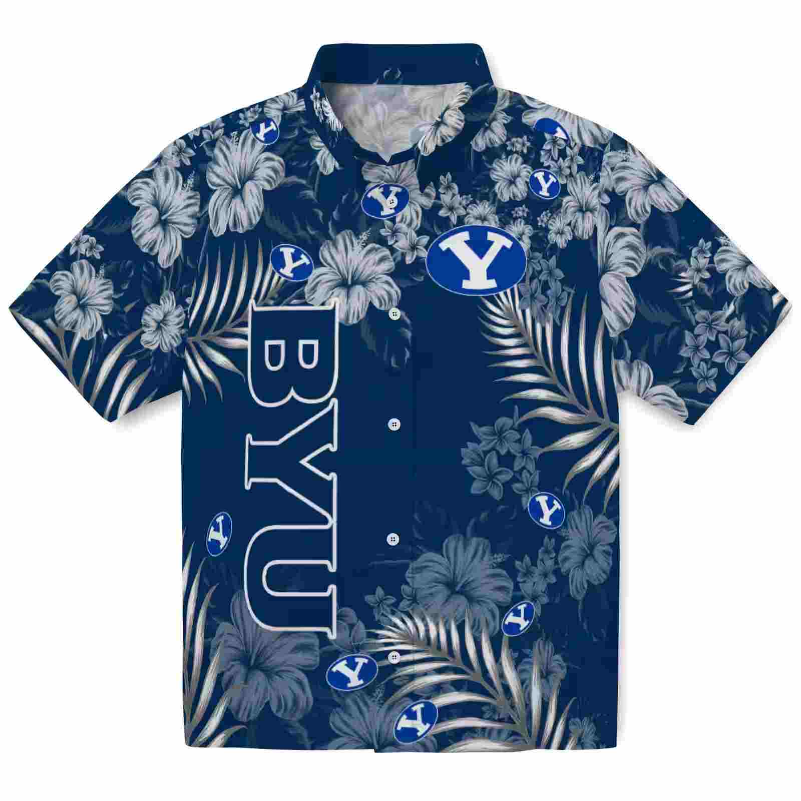 Byu Cougars Hibiscus Print Blue Hawaiian Shirt