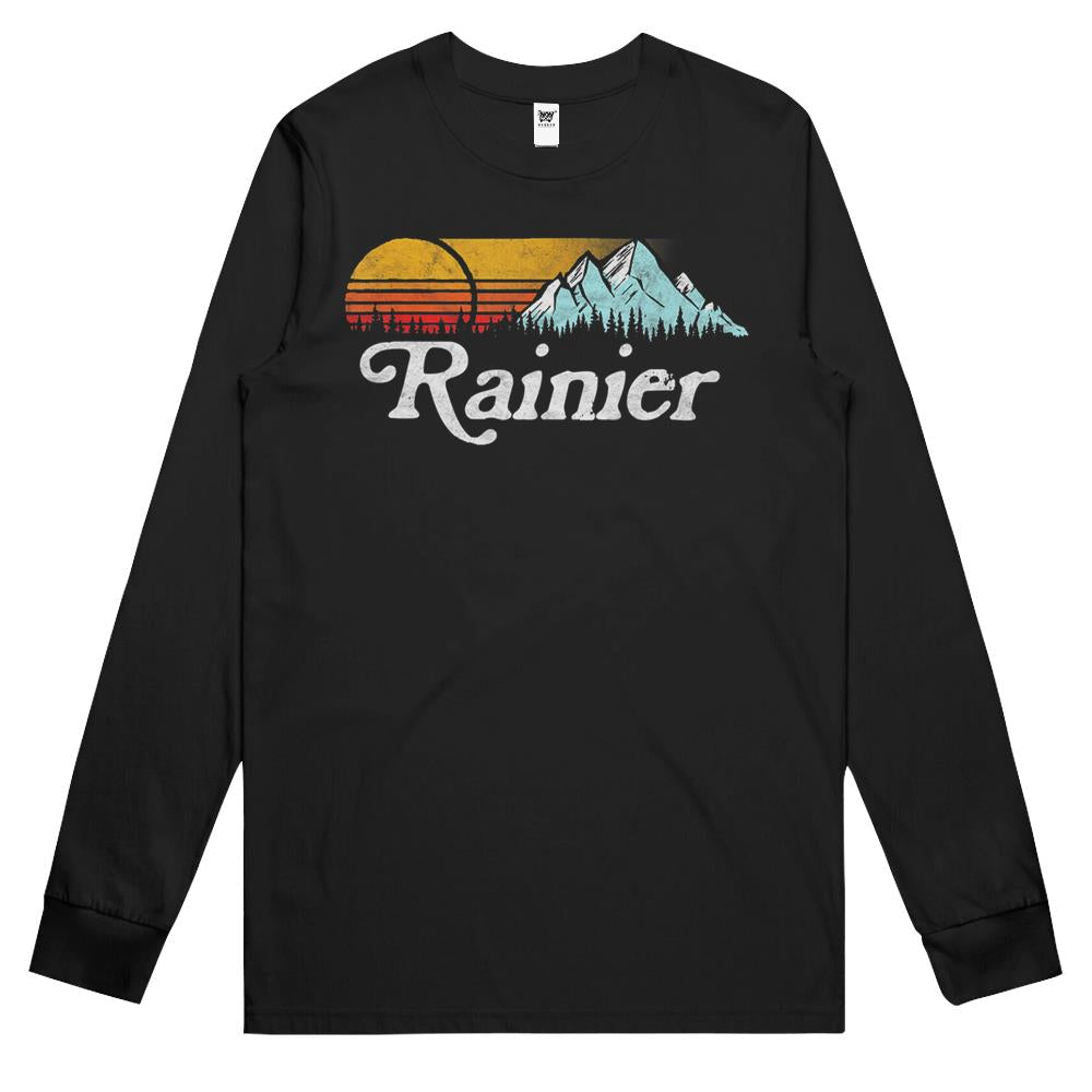 Retro Vibe Mount Rainier T-Shirt – Vintage Mountains & Sun Long Sleeve T Shirts