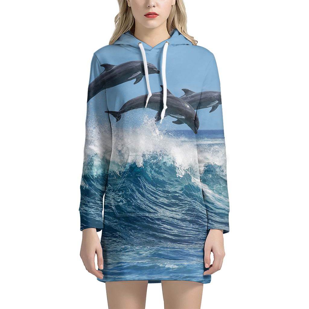 Dolphins Jumping Over Waves Print Women’S Pullover Hoodie Dress