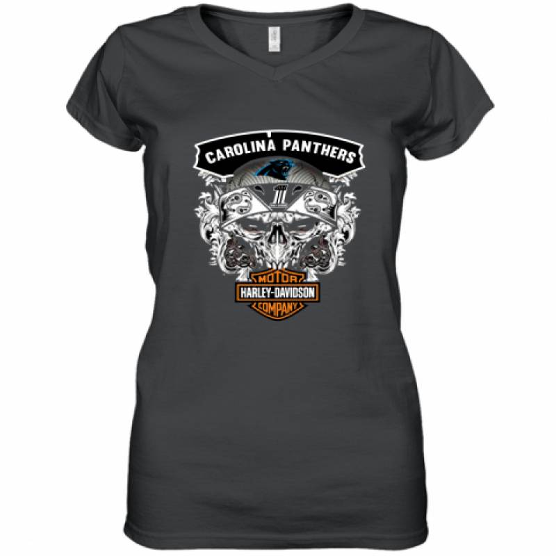 Skull Carolina Panthers Harley Davidson shirt Women's V-Neck T-Shirt