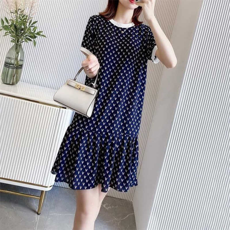 2022 Summer Round Neck Letter V Print Ruffles Dress Women Short Sleeve Loose Casual Robe Femme Fashion Simple Dresses Vestidos alx