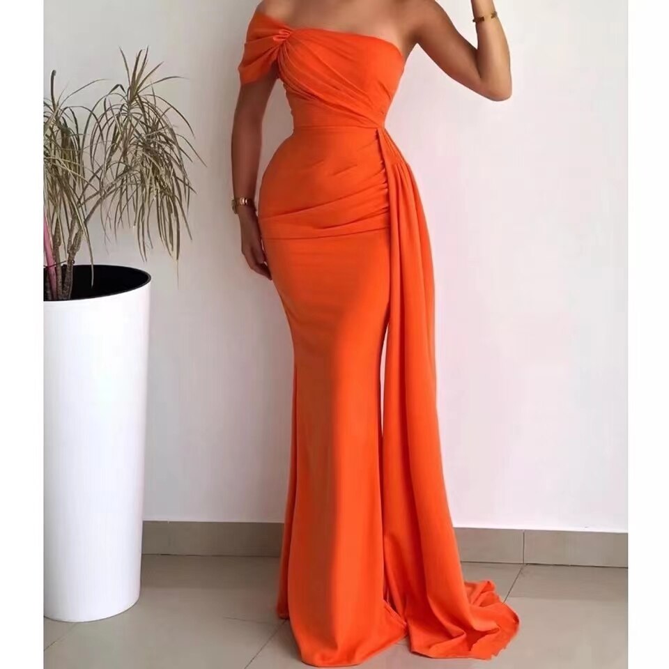 2022 Elegant Orange One Shoulder Mermaid Prom Dresses for Women Ruched Party Gowns Draped Ribbon Evening Celebrity Dress alx