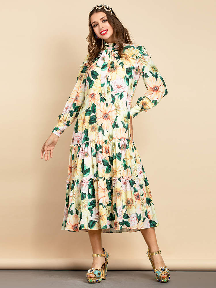 2021 Summer Fashion Runway Elegant Dress Women Plus Size 3XS-10XL Bow Collar Floral Print Belted Boho Holiday Party Dresses alx