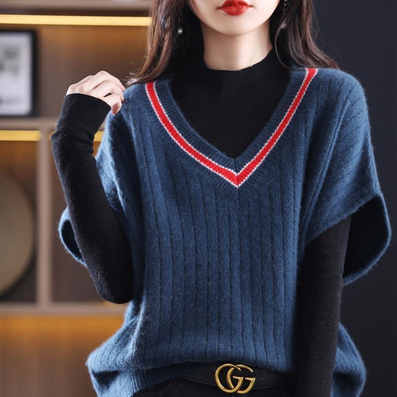 Casual Fashion V-Neck Spliced Knitted Sweater Female Clothing 2022 Autumn New Commute Pullover Tops All-match Korean Sweaters alx