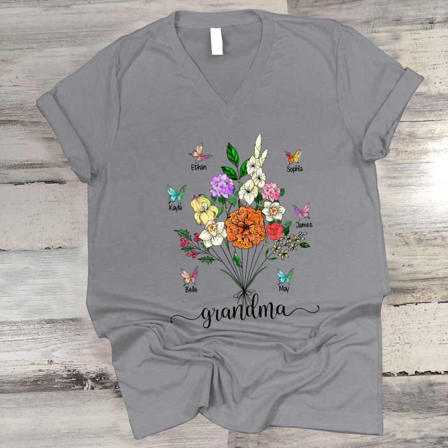 Personalized Grandma And Grandkids Flower Butterfly V-Neck