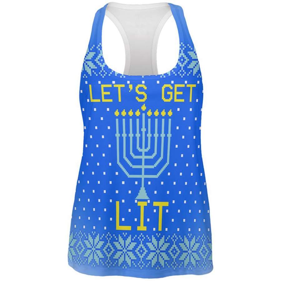 Ugly Christmas Sweater Let’s Get Lit Menorah Hanukkah All Over Womens Work Out Tank Top