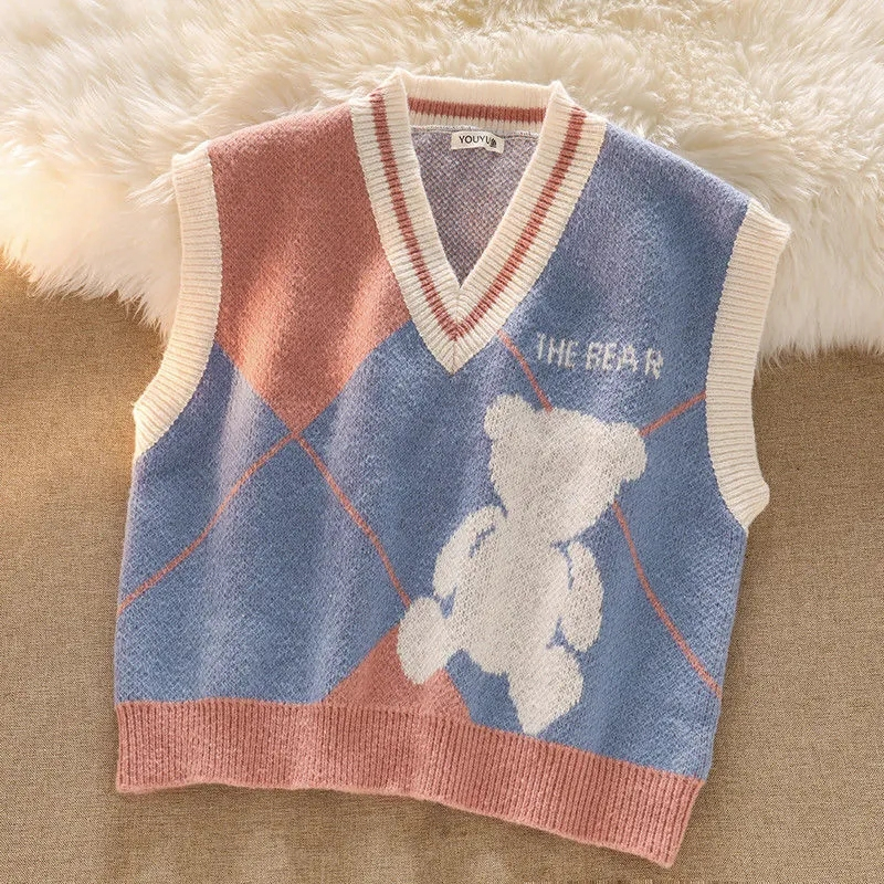 Cute Bear Print V Neck Sleeveless Preppy Style Knitted Sweater Vest Korean Autumn Winter Loose Argyle Pullover Sweater Vest 2022 alx