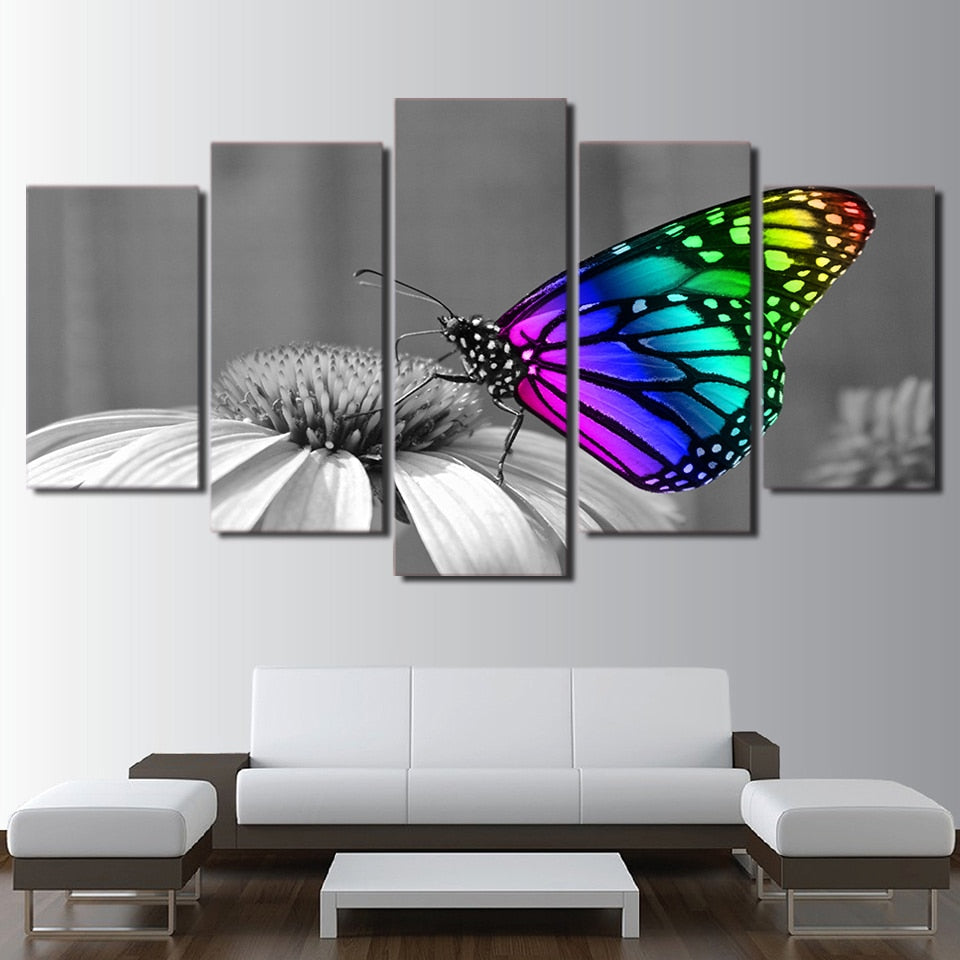 Butterfly Flowers 5 Piece Hd Multi Panel Canvas Wall Art Frame
