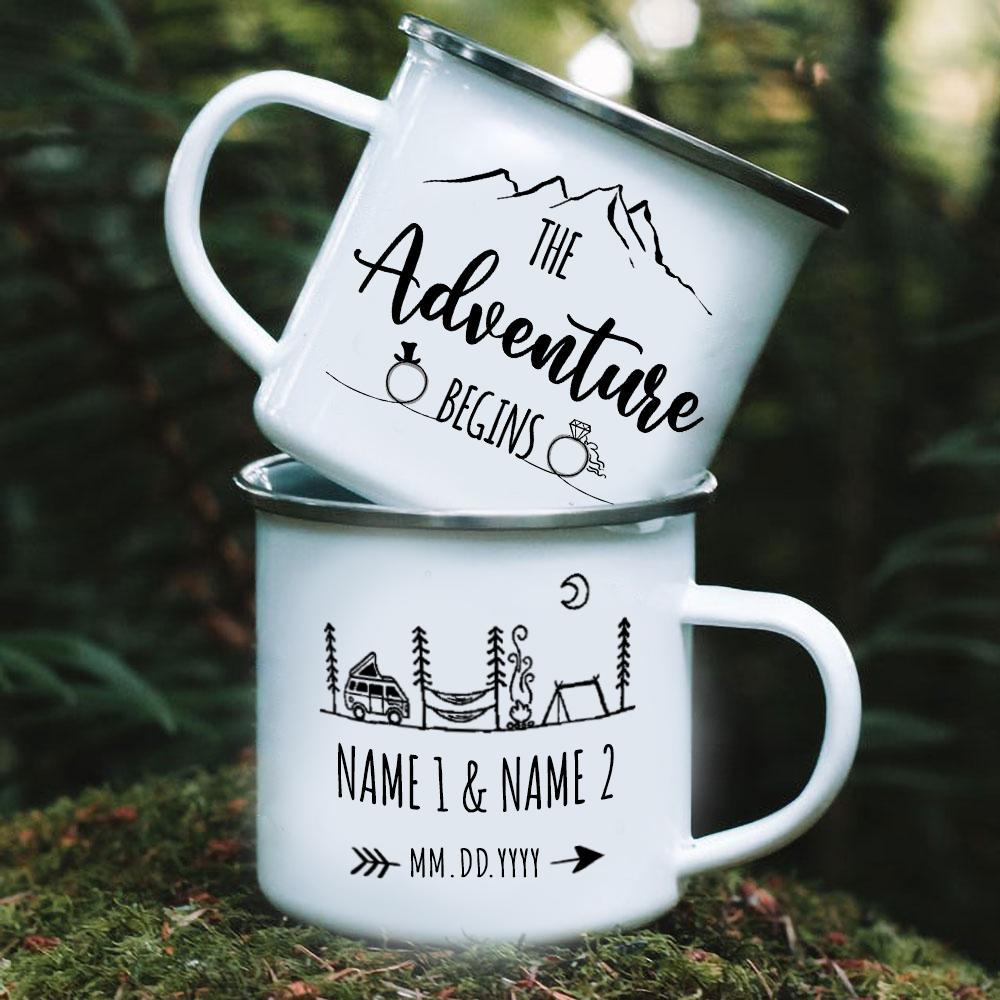 Personalized Adventure Begins Camping Mug Gift For Newly Wed Engaged Couple
