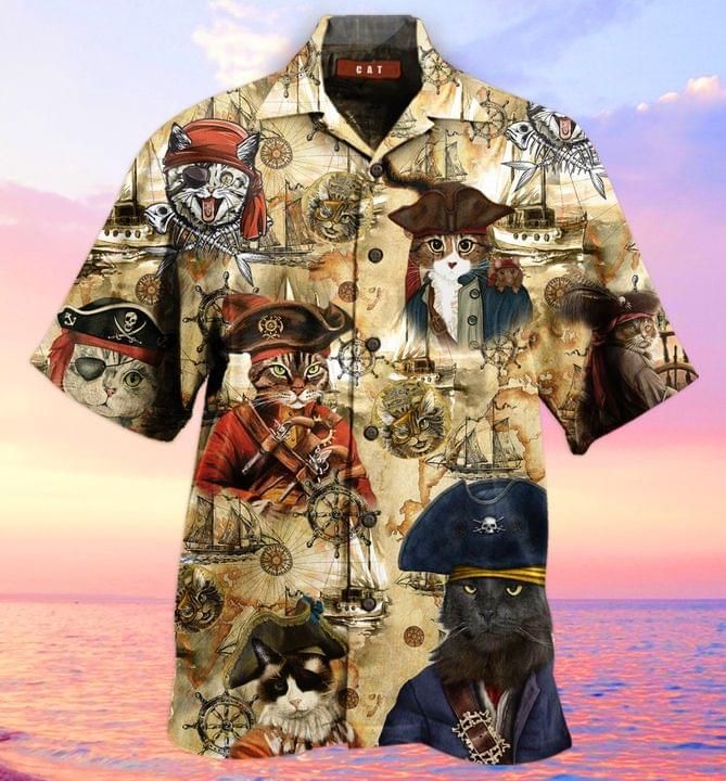 Cat Pirates Print Short Sleeve Hawaii Casual Shirt Ha42360