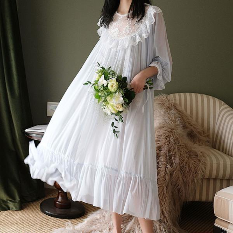 Vintage Nightgowns Victorian Night Dress Fairy Sleepwear Women Autumn White Tulle Lace Peignoir Retro Princess Kawaii Nightwear alx